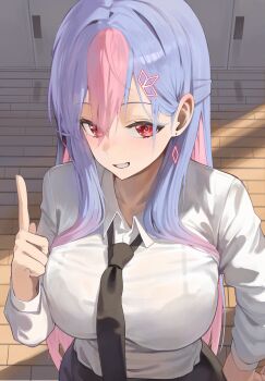 1girl absurdres arm_at_side bing_hayu black_necktie blue_hair bra_visible_through_clothes breasts collared_shirt colored_inner_hair commentary diamond_earrings double-parted_bangs earrings from_above gigabani grin hair_between_eyes hand_up highres huge_breasts index_finger_raised indoors jewelry long_bangs long_hair long_sleeves looking_at_viewer looking_up luvdia multicolored_hair necktie red_eyes shirt smile solo straight_hair streaked_hair symbol-only_commentary two-tone_hair upper_body very_long_hair white_shirt wing_collar wooden_floor