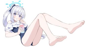 1girl alt_(apou) bare_legs barefoot blue_archive blue_bow blue_halo blue_one-piece_swimsuit bow breasts casual_one-piece_swimsuit commentary_request cup drink drinking_straw frilled_one-piece_swimsuit frills full_body hair_bow halo hand_up holding holding_cup knees_together_feet_apart long_hair looking_at_viewer medium_breasts miyako_(blue_archive) miyako_(swimsuit)_(blue_archive) off-shoulder_one-piece_swimsuit off_shoulder official_alternate_costume official_alternate_hairstyle one-piece_swimsuit parted_lips ponytail purple_eyes sidelocks simple_background sitting soles solo swimsuit thighs very_long_hair white_background white_hair