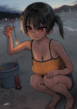 1girl beach breasts camisole cleavage closed_mouth collarbone commentary_request dated dusk evening fingernails fireworks gaki_kyonyuu grey_shorts hair_between_eyes highres holding holding_fireworks kaedeko_(kaedelic) large_breasts ocean one-piece_tan oppai_loli orange_camisole outdoors red_eyes sandals sasaki_kanna senkou_hanabi shorts signature solo sparkler squatting tan tanline twintails