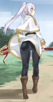 1girl absurdres ass black_pantyhose boots brown_boots capelet closed_mouth day dress earrings elf forehead frieren from_behind fukuinu full_body green_eyes highres holding holding_staff holding_wand jewelry knee_boots long_hair long_sleeves mage_staff outdoors pantyhose parted_bangs pointy_ears sky smile solo sousou_no_frieren staff standing teardrop_earrings thighs twintails wand white_capelet white_dress white_hair