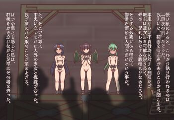 3girls ankle_cuffs ankles_cuffed_together bdsm blue_hair blunt_bangs blush bondage bound breasts brick_wall closed_mouth collar completely_nude crowd dragon_girl dragon_wings female_focus fire_emblem fire_emblem:_mystery_of_the_emblem fire_emblem:_path_of_radiance fire_emblem:_shadow_dragon fire_emblem:_the_sacred_stones flat_chest full_body green_eyes green_hair green_wings hair_tie hana_(001amino) hands_up headband highres humiliation imminent_rape leash loli long_hair looking_at_another looking_at_viewer looking_to_the_side multi-tied_hair multiple_girls myrrh_(fire_emblem) navel nintendo nipples nude onlookers out_of_frame own_hands_together pale_skin parted_bangs parted_lips people pointy_ears ponytail public_indecency public_nudity purple_hair pussy red_eyes red_headband sanaki_kirsch_altina shadow sign silhouette slave stage standing stocks tiki_(fire_emblem) tiki_(young)_(fire_emblem) twintails uncensored v_arms very_long_hair wings wooden_floor worried wrist_cuffs wrists_cuffed_together writing yellow_wings