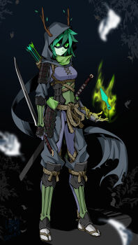 1girl absurdres adventure_time alternate_costume arrow_(projectile) black_mask black_scarf branch closed_mouth colored_sclera colored_skin commentary_request domino_mask eye_mask full_body gauntlets green_eyes green_sclera green_skin highres holding holding_sword holding_weapon hood hood_up huntress_wizard kunai long_hair looking_at_viewer mask masked ninja plant_hair quiver scarf shin_(ultramarine430) solo sword torn_clothes torn_scarf weapon