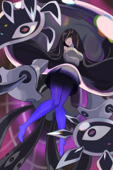 1girl bare_shoulders black_hair blonde_hair breasts commentary diagonal_bangs dress floating full_body fusion gen_7_pokemon hair_over_one_eye highres large_breasts long_hair looking_at_viewer lusamine_(pokemon) lusamine_fused_(pokemon) monster_girl multicolored_hair nihilego nintendo pantyhose parted_lips pokemon pokemon_(creature) pokemon_sm purple_pantyhose sleeveless sleeveless_dress smile solo streaked_hair tentacles trnka ultra_beast very_long_hair white_dress wormhole yellow_eyes