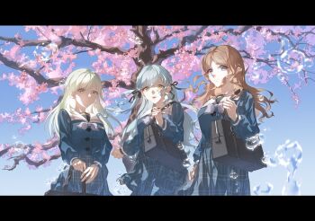 3girls absurdres bag bang_dream! bang_dream!_it's_mygo!!!!! black_bag black_ribbon blue_eyes blue_hair blue_shirt blue_skirt brown_hair bubble cherry_blossoms chinese_commentary closed_mouth commentary_request green_hair hair_ribbon highres letterboxed long_hair multiple_girls nagasaki_soyo open_mouth plaid_clothes plaid_skirt ribbon school_bag school_uniform shirt shoulder_bag sidelocks skirt togawa_sakiko tsukinomori_school_uniform wakaba_mutsumi yellow_eyes zhong_er_bing