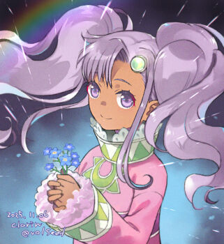 Rule 34 | 1girl, commentary request, dress, flower, holding, holding flower, kurarin, long hair, looking at viewer, meredy (tales), purple eyes, purple hair, smile, solo, tales of (series), tales of eternia, twintails, upper body
