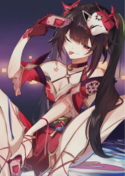 1girl breasts brown_hair chest_tattoo choker cleavage closed_mouth collarbone fox_mask fukafuka_ekaki gloves gun holding holding_gun holding_weapon honkai:_star_rail honkai_(series) japanese_clothes kimono long_hair mask mask_on_head medium_breasts mole mole_under_each_eye mole_under_eye multiple_moles one_eye_closed red_choker red_eyes red_gloves red_kimono red_ribbon ribbon smile solo sparkle_(honkai:_star_rail) tattoo tongue tongue_out twintails very_long_hair weapon