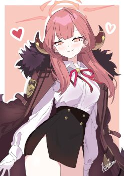 1girl absurdres arms_at_sides aru_(blue_archive) aurelia88 black_skirt blue_archive blunt_bangs blush border brown_coat buttons closed_mouth coat coat_on_shoulders collared_shirt commentary cowboy_shot curved_horns demon_girl demon_horns double-breasted dress_shirt drop_shadow fur-trimmed_coat fur_trim heart high-waist_skirt highres horns long_hair looking_at_viewer neck_ribbon outside_border pink_background pink_eyes pink_hair red_ribbon ribbon school_uniform shirt signature simple_background skirt smile solo split_mouth tsurime white_border white_shirt