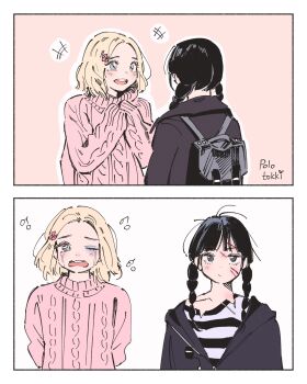 2girls the_addams_family arms_behind_back artist_name backpack bag before_and_after black_hair black_jacket blonde_hair blue_eyes blunt_bangs blush braid bruise bruised_eye cable_knit crying enid_sinclair flower grey_bag grey_eyes hair_flower hair_ornament hair_over_shoulder highres injury jacket knit_sweater long_hair looking_at_another medium_hair messy_hair multiple_girls one_eye_closed open_mouth own_hands_together parted_bangs pink_background pink_sweater polo_tokki scar scar_on_face scratches shirt sleeves_past_fingers sleeves_past_wrists smile striped_clothes striped_shirt sweater tears torn_clothes twin_braids upper_body wednesday_(netflix) wednesday_addams white_background
