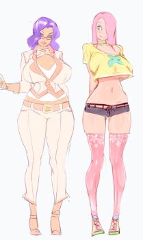 2girls arms_behind_back belly blue_eyes blush breasts choker crop_top crop_top_overhang curvy dark-skinned_female dark_skin doxy fluttershy formal_clothes glasses hair_over_one_eye huge_breasts long_hair lowleg lowleg_shorts midriff multiple_girls my_little_pony my_little_pony:_friendship_is_magic narrow_waist navel pant_suit pants personification pink_hair pink_legwear pink_thighhighs purple_hair rarity_(my_little_pony) semi-rimless_eyewear short_shorts shorts sketch standing suit teacher thighhighs under-rim_eyewear underboob wide_hips