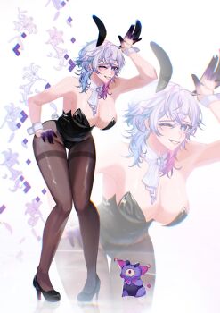 1girl animal_ears arien_(ari_13mts) bare_shoulders black_leotard black_skin blue_eyes blue_hair blush breasts cleavage colored_skin commentary covered_navel creature english_commentary eyelashes fake_animal_ears flower full_body gavis_bettel genderswap genderswap_(mtf) gradient_skin grey_hair hair_between_eyes hand_up high_heels highleg highleg_leotard highres holostars holostars_english knees_together_feet_apart large_breasts leotard lily_(flower) looking_at_viewer medium_hair multicolored_hair one_eye_closed pantyhose pink_hair playboy_bunny rabbit_ears smile solo standing strapless strapless_leotard virtual_youtuber white_background white_wrist_cuffs wrist_cuffs