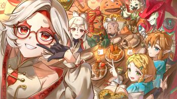 4boys 5girls bird_boy black_gloves blue_eyes blue_lips blue_shirt blue_tunic bow-shaped_hair braid brown_eyes commentary crown_braid dark-skinned_female dark_skin earrings english_commentary fins fish_boy food gerudo glasses gloves goron grandmother_and_granddaughter green_eyes grin hair_between_eyes hair_ornament hair_stick hairclip halterneck head_fins impa jacket jewelry link low_ponytail manggwi55 multiple_boys multiple_girls neck_ring nintendo off-shoulder_jacket off_shoulder old old_woman open_mouth parted_bangs paya_(zelda) pointy_ears ponytail princess_zelda purah red_eyes red_hair riju rito round_eyewear sheikah shirt short_hair sidelocks sidon smile table teeth the_legend_of_zelda the_legend_of_zelda:_breath_of_the_wild tulin_(zelda) tunic upper_body v white_hair white_jacket white_shirt yunobo zora