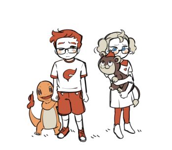 1boy 1girl aged_down blue_eyes charmander dress gen_1_pokemon gen_6_pokemon glasses griselle_(pokemon) grisham_(pokemon) highres lion_cub litleo lizard nintendo pantyhose pensive pokemon pokemon_(creature) pokemon_legends:_z-a popotocurry red_eyes red_hair red_pantyhose red_shoes red_shorts shirt shoes shorts team_flare white_background white_dress white_hair white_shirt white_shoes