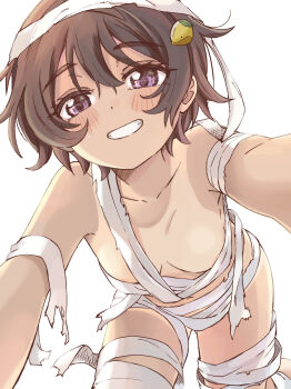 1girl bandages breasts brown_hair commentary_request fukaku-tei highres long_hair looking_at_viewer make_heroine_ga_oo_sugiru! medium_breasts naked_bandage one-piece_tan short_hair simple_background smile solo tan tanline white_background yakishio_lemon