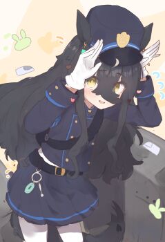 1girl absurdres ahoge animal_ears arms_up belt black_belt black_hair black_sash blue_archive blue_hat blue_jacket blue_skirt blush commentary_request cosplay crossed_bangs ear_ornament ear_tag earrings fang gloves hair_between_eyes hat highres hikari_(blue_archive) hikari_(blue_archive)_(cosplay) horse_ears horse_girl horse_tail jacket jewelry keyring long_hair long_hair_between_eyes long_sleeves manhattan_cafe_(umamusume) motion_lines parted_lips pleated_skirt rabbit_pose sash single_earring skin_fang skirt smile solo ssekine05 tail textless_version umamusume variant_set very_long_hair white_gloves white_hair yellow_eyes