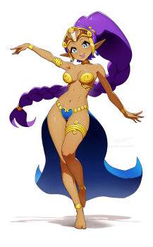 Rule 34 | 1girl, armlet, armor, big hair, bikini armor, blue eyes, blush, braid, braided ponytail, breasts, bridgeless bra, dancer, dancer shantae, dark-skinned female, dark skin, earrings, forehead jewel, full body, gold thighlet, heart bikini, high braided ponytail, highres, jewelry, large breasts, long hair, looking at viewer, metal bikini, navel, neck ring, open mouth, pointy ears, ponytail, purple hair, revenantart, shantae, shantae (series), shantae and the pirate's curse, simple background, single braid, smile, solo, stomach, teeth, thighlet, upper teeth only, very long hair, white background