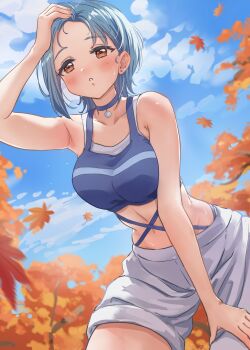 1girl absurdres armpits asymmetrical_pants autumn autumn_leaves bare_shoulders blue_hair blue_sky blue_sports_bra breasts brown_eyes cloud collarbone commentary_request cowboy_shot day falling_leaves hand_on_own_head highres large_breasts leaf leaning_forward love_live! love_live!_superstar!! medium_hair navel nekomaru_nisei official_alternate_costume pants sketch_background sky solo sports_bra stomach sweat wakana_shiki white_pants