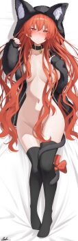 1girl absurdres animal_ear_hood animal_hood bed_sheet bell black_collar black_thighhighs blush breasts cat_choker cat_hood cat_tail closed_mouth collar commentary_request covered_erect_nipples covered_pussy eris_greyrat fake_animal_ears hair_between_eyes highres hood jacket large_breasts long_hair marbo_(saico556) mushoku_tensei navel neck_bell red_eyes red_hair red_ribbon ribbon solo tail tail_wrap thighhighs very_long_hair zipper