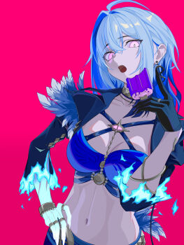 1girl absurdres ahoge black_gloves blue_bra bra breasts cleavage collarbone commentary earrings food galbrena_(wuthering_waves) gloves hair_between_eyes hand_on_own_hip highres holding holding_food holding_popsicle jewelry looking_at_viewer medium_breasts medium_hair navel open_mouth popsicle purple_eyes red_background single_glove single_hair_intake solo stomach underwear upper_body very_long_fingernails wuthering_waves yu_retsu