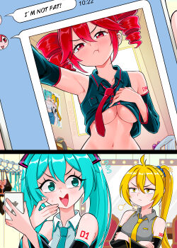 3girls :t absurdres akita_neru aqua_eyes aqua_hair aqua_necktie black_shirt black_sleeves blonde_hair breasts cellphone closed_mouth clothes_lift commentary detached_sleeves drill_hair elpipe_3000 english_commentary english_text hatsune_miku highres holding holding_phone indoors kasane_teto kasane_teto_(utau) lifting_own_clothes long_hair looking_at_viewer medium_breasts multiple_girls necktie open_mouth phone pout red_eyes red_hair red_necktie selfie shirt shirt_lift side_ponytail smile triple_baka_(vocaloid) twin_drills twintails underboob utau vocaloid yellow_eyes yellow_necktie