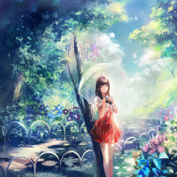 1girl brown_hair camera cat closed_eyes cloud day dress flower highres holding juexing_(moemoe3345) original outdoors path red_dress road shadow short_sleeves standing thighhighs transparent transparent_umbrella tree umbrella white_thighhighs