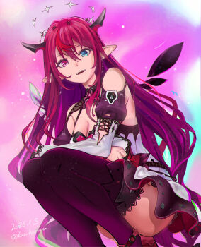 Rule 34 | 1girl, bare shoulders, black thighhighs, black wings, blue eyes, breasts, cleavage, commentary request, cross-shaped pupils, double halo, dress, halo, haruyama kazunori, heterochromia, highres, hololive, hololive english, irys (hololive), irys (irys 2.0) (hololive), large breasts, long hair, multicolored hair, pointy ears, purple eyes, purple hair, red hair, solo, star halo, streaked hair, symbol-shaped pupils, thighhighs, two-tone hair, virtual youtuber, white dress, white wings, wings