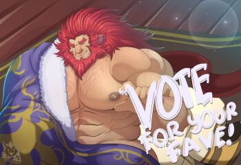 Rule 34 | 1boy, 55mango, abs, alt text, animal ears, arm hair, bara, beard, caineghis (fire emblem), chest hair, commentary, english commentary, english text, facial hair, fire emblem, fire emblem: radiant dawn, fire emblem heroes, highres, huge pectorals, long hair, looking at viewer, male focus, muscular, muscular male, nintendo, nipples, one eye closed, pectorals, red hair, solo, thick arms