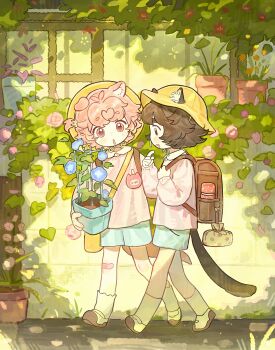 2girls :d :o absurdres animal_ear_fluff animal_ears backpack bag bai_yang_zi bandaid bandaid_on_knee bandaid_on_leg blue_flower blue_shorts blush_stickers cat_ears cat_girl cat_tail day ears_through_headwear flower flower_pot full_body hat highres holding holding_flower_pot kindergarten_uniform long_sleeves multiple_girls name_tag open_mouth original outdoors pink_eyes pink_shirt school_hat shirt shoes shorts smile socks tail walking white_shoes white_socks yellow_hat