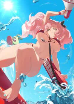 1girl 69pou alternate_costume amillion_(zenless_zone_zero) arm_up bangboo_(zenless_zone_zero) barefoot bikini black_ribbon blue_sky blurry blurry_foreground blush breasts closed_mouth commentary covered_erect_nipples day english_commentary feet from_below green_eyes highres holding holding_megaphone large_breasts looking_at_viewer megaphone mole mole_under_eye multicolored_nails nail_polish navel nicole_demara outdoors pink_hair red_bikini ribbon short_eyebrows sky smile splashing stomach string_bikini sun surfing swimsuit thick_eyebrows toenail_polish toenails toes two_side_up wristband zenless_zone_zero