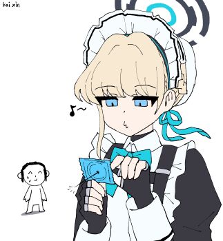 1boy 1girl absurdres apron black_dress black_gloves blue_archive blue_eyes blue_halo braid bun_cover condom condom_wrapper doodle_sensei_(blue_archive) dress fingerless_gloves gloves hair_bun half_up_braid halo highres holding holding_condom holding_needle juliet_sleeves kai_xin long_sleeves maid maid_headdress musical_note needle puffy_sleeves sabotaged_condom sensei_(blue_archive) toki_(blue_archive) whistling white_apron