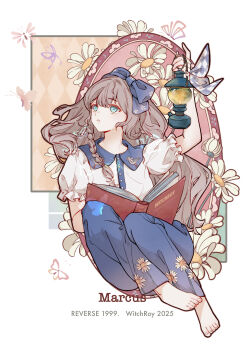 1girl :o alternate_costume arm_up artist_name blue_bow blue_eyes blue_pants book book_on_lap bow brown_hair character_name collared_shirt copyright_name flower full_body hair_bow hand_up highres holding holding_lantern lantern long_hair looking_to_the_side marcus_(reverse:1999) open_book pants puffy_short_sleeves puffy_sleeves reverse:1999 shirt short_sleeves sitting solo too_many_flowers white_background white_flower white_shirt ya_(witchroy)
