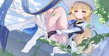 1girl absurdres bird black_gloves blonde_hair blue_sky blunt_bangs blurry closed_mouth clothes_pull cloud commentary day depth_of_field dress dutch_angle feng1180 flower full_body gloves hat highres knees_together_feet_apart knees_up legs long_hair long_sleeves looking_at_viewer no_shoes outdoors pantyhose pantyhose_pull phoebe_(wuthering_waves) purple_eyes short_dress sitting sky smile split_mouth sun_hat tacet_mark_(wuthering_waves) thighs very_long_hair white_bird white_dress white_flower white_hat white_pantyhose wuthering_waves