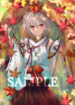 1girl animal_ears autumn_leaves commentary_request detached_sleeves falling_leaves grey_hair hat inubashiri_momiji kazu_(muchuukai) leaf looking_at_viewer open_mouth pom_pom_(clothes) red_eyes red_hat red_skirt ribbon-trimmed_sleeves ribbon_trim sample_watermark short_hair skirt solo tokin_hat touhou watermark wolf_ears wolf_girl