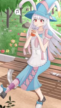 1girl absurdres ai_to_yuuki_to_kashiwamochi animal_ears ao_oni apron baseball_bat bench club club_(weapon) crossover cup drink flower funamusea genre_connection grass hat highres irisu_kyouko irisu_shoukougun! long_hair mogeko_castle multiple_crossover nail_(hardware) nail_bat park park_bench patch rabbit_ears red_eyes shapes solo spiked_club square thighhighs triangle unworn_thighhighs weapon white_hair witch_hat yissou_art