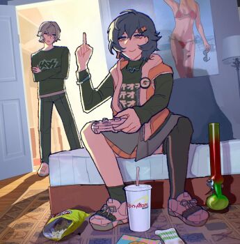1boy 1girl bedroom belle_(zenless_zone_zero) bikini bikini_girl_(gta_v) black_pants black_shirt blue_eyes blue_hair bong breasts brother_and_sister chips_(food) controller crossed_arms cup disposable_cup food game_controller grand_theft_auto grand_theft_auto_v grey_hair grey_skirt hair_ornament holding holding_controller holding_game_controller indoors jewelry medium_breasts middle_finger necklace orange_vest pants phaethonchan potato_chips red_bikini shadow shirt shoes short_hair siblings single_thighhigh sitting skirt smile socks standing swimsuit thighhighs unworn_socks vest white_shoes wise_(zenless_zone_zero) zenless_zone_zero