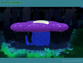 commentary_request gen_1_pokemon letterboxed night nintendo no_humans outdoors pokemon pokemon_(creature) pokemon_focus rain sitting solo twitter_username vileplume yumori565969