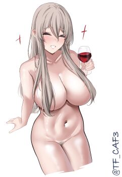 1girl absurdres alcohol blush breasts closed_eyes covered_erect_nipples cropped_legs cup drinking_glass drunk female_pubic_hair grey_hair hair_between_eyes highres kantai_collection large_breasts long_hair looking_at_viewer nude one-hour_drawing_challenge open_mouth pola_(kancolle) pubic_hair simple_background sitting smile solo sparkle tf_cafe thick_eyebrows twitter_username wavy_hair white_background wine