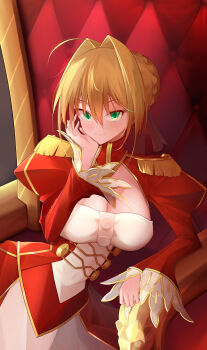1girl absurdres ahoge blonde_hair blush braid breasts cleavage closed_mouth commentary_request dress epaulettes fate/extra fate_(series) green_eyes hair_between_eyes hair_intakes hair_ribbon head_rest highres large_breasts looking_at_viewer nero_claudius_(fate) nero_claudius_(fate/extra) red_dress red_ribbon ribbon short_hair sitting sitting_on_throne smile solo throne yula-w