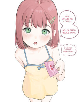 1girl condom condom_wrapper dress english_text eyes_visible_through_hair female_focus fingernails green_eyes hair_ornament hairclip holding holding_condom kuroshiro00 loli looking_at_viewer pov red_hair solo speech_bubble standing yellow_dress