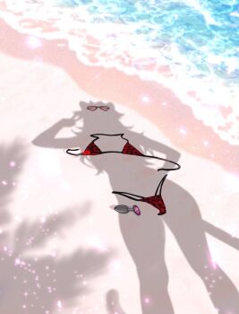 1girl animal_ears animal_print beach bikini butt_plug commentary day dressed_shadow_(meme) english_commentary fif_228 hand_on_own_hip hand_up heart heart-shaped_eyewear highleg highleg_bikini highres hololive hololive_english implied_nudity jewel_butt_plug long_hair meme outdoors pink-tinted_eyewear pov print_bikini raora_panthera red_bikini sex_toy shadow solo string_bikini sunglasses swimsuit tail tinted_eyewear untied_bikini_top unworn_bikini unworn_butt_plug unworn_eyewear v virtual_youtuber water waves