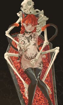 1girl absurdres animal_collar animal_ears animal_skeleton baphomet_(mythology) black_background black_thighhighs braid breast_tattoo breasts cat_ears chest_tattoo coffin collar crescent crescent_tattoo ear_piercing flower grabbing_another&#039;s_breast groping haru_bun highres inverted_cross_earrings kaenbyou_rin multiple_tails nekomata nipples pentagram pentagram_tattoo piercing pubic_tattoo red_eyes red_flower red_hair red_rose rose skeleton skull_tattoo small_breasts smug snake_tattoo star_(symbol) star_tattoo stomach_tattoo sword_tattoo tail tattoo thighhighs touhou twin_braids two_tails variant_set