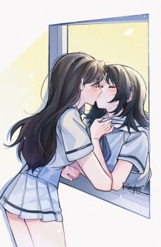 2girls bang_dream! bang_dream!_it's_mygo!!!!! black_hair blue_neckerchief blue_sailor_collar blue_serafuku blue_shirt blue_skirt chinese_commentary closed_eyes closed_mouth clothes_grab commentary_request hanasakigawa_school_uniform highres kiss long_hair medium_hair multiple_girls neckerchief sailor_collar school_uniform serafuku shiina_taki shirt short_sleeves skirt yahata_umiri yoyoray20001996 yuri