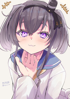 Rule 34 | 1girl, absurdres, admiral (kancolle), black hair, blue sailor collar, blush, brown eyes, chin rub, commentary request, gradient hair, grey hair, hairband, hat, highres, hizaka, kantai collection, long hair, long shirt, long sleeves, looking at viewer, mini hat, multicolored hair, neckerchief, one-hour drawing challenge, out of frame, purple eyes, sailor collar, shirt, short hair, short hair with long locks, signature, simple background, smile, tied shirt, tokitsukaze (kancolle), twitter username, upper body, white shirt, yellow neckerchief
