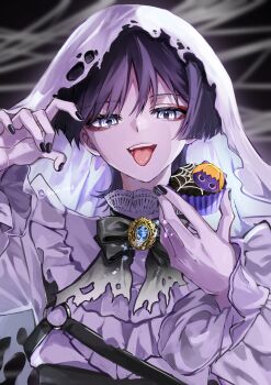 1boy absurdres bib black_background black_hair black_nails blunt_ends collar cupcake curled_fingers eyelashes eyeliner eyeshadow food frilled_collar frilled_shirt frilled_sleeves frills genshin_impact grey_eyes halloween_costume hands_up harness highres holding holding_food lace-trimmed_collar lace_trim long_sleeves looking_at_viewer makeup male_focus multicolored_hair o-ring o-ring_harness pale_skin purple_hair red_eyeliner red_eyeshadow runn0524 scaramouche_(cat)_(genshin_impact) scaramouche_(genshin_impact) shirt silk solo spider_web streaked_hair teeth tongue tongue_out torn_clothes torn_veil upper_body veil white_collar white_shirt white_sleeves white_veil