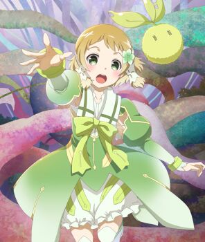 Rule 34 | 1girl, :o, armpit cutout, blonde hair, bloomers, blush, bow, bowtie, clothing cutout, cowboy shot, dot nose, dress, flower, game cg, green bow, green bowtie, green dress, green flower, green thighhighs, hair flower, hair ornament, inubouzaki itsuki, kodama (yuyuyu), long sleeves, looking at viewer, magical girl, official art, open mouth, outstretched arm, reaching, reaching towards viewer, short hair, solo, standing, standing on one leg, teeth, thighhighs, third-party source, toji no miko, toji no miko: kizamishi issen no tomoshibi, underwear, upper teeth only, white bloomers, yuuki yuuna wa yuusha de aru, yuusha de aru