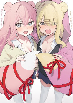 Rule 34 | 2girls, absurdres, ahoge, blonde hair, breasts, cleavage, collared shirt, commentary request, fang, galarian form, galarian slowpoke, gen 1 pokemon, gen 8 pokemon, grey eyes, gyaru slowpoke (shin no tenpii), hair ornament, hairclip, highres, holding own tail, hood, hood up, hooded jacket, jacket, multiple girls, nintendo, open clothes, open jacket, open mouth, parallel hairclips, personification, pink hair, pokemon, pokemon tail, red ribbon, ribbon, shin no tenpii, shirt, simple background, slowpoke, standing, tail, tail ornament, tail ribbon, thighhighs, translation request, white background, white nails, white thighhighs