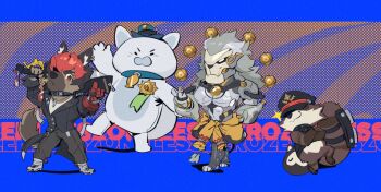 2boys animal_ears banyue_(zenless_zone_zero) brown_hair chibi chibi_only claws commentary copyright_name cyanroll dog_boy dog_ears dog_tail english_commentary furrification furry grey_hair kamanosuke_(zenless_zone_zero) komano_manato leaf_in_mouth long_hair looking_at_viewer looking_to_the_side mascot multicolored_hair multiple_boys officer_mewmew orb pawpads raccoon red_hair robot_boy smile smirk sparkle tail white_hair zenless_zone_zero