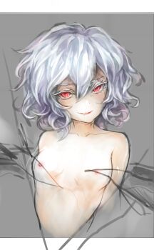 1girl breasts collarbone commentary grey_hair highres joker_(stjoker) looking_at_viewer messy_hair nipples nude red_eyes remilia_scarlet short_hair sketch small_breasts smile solo touhou upper_body