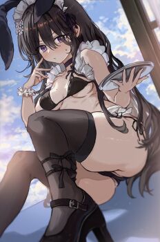 1girl animal_ears bikini black_choker black_shoes black_thighhighs blush breasts choker day double-parted_bangs dutch_angle fake_animal_ears flower hair_between_eyes hair_flower hair_ornament hand_up high_heels highres holding holding_tray iseya_chiyori_(saya) long_bangs looking_at_viewer maid maid_bikini maid_headdress medium_breasts mole mole_on_breast original purple_eyes rabbit_ears saya_(mychristian2) scrunchie shiny_skin shoes small_sweatdrop solo swimsuit thighhighs tray unconventional_maid v-shaped_eyebrows white_flower white_scrunchie wrist_scrunchie