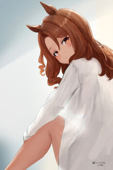 Rule 34 | 1girl, animal ears, artist name, blush, breasts, brown hair, closed mouth, commentary, from behind, hair between eyes, head tilt, highres, honoaka, horse ears, horse girl, king halo (umamusume), knee up, large breasts, long hair, looking at viewer, looking back, one side up, red eyes, see-through silhouette, shirt, smile, solo, umamusume, white shirt