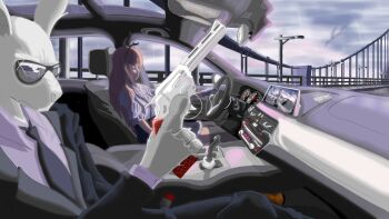 1boy 1girl alice's_adventures_in_wonderland alice_(alice_in_wonderland) animal_ears animal_hands belt black_pants blonde_hair bmw bridge business_suit buttons car chair closed_mouth cloud cloudy_sky coat colt_python corset fingernails formal_clothes glasses gloves grey_thighhighs gun handgun highres holding holding_gun holding_weapon lever light_particles long_hair looking_afar march_hare_(alice_in_wonderland) mirror motor_vehicle necktie non-web_source pale_skin pants pink_shirt pole puffy_sleeves rain reflection revolver road screen shirt skirt sky speedometer sports_car steering_wheel suit suspension_bridge thighhighs water_drop weapon white_gloves window